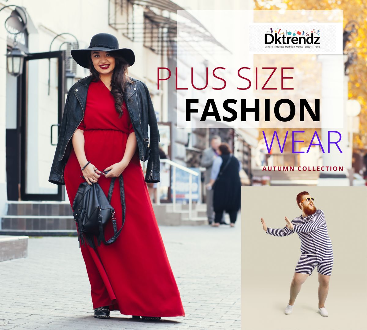 Plus-size woman wearing a stylish red dress and black coat, standing confidently on the street, with a plus-size fashion wear sign in the background.