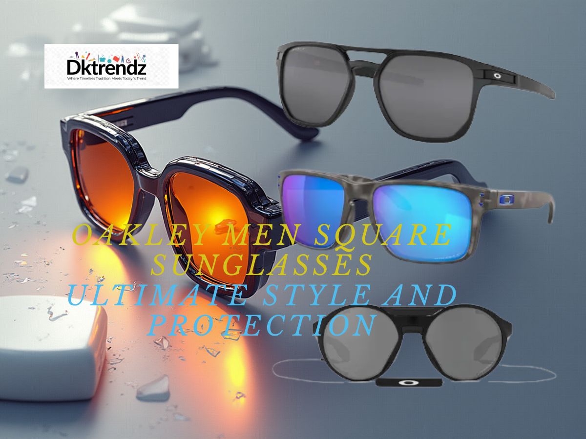 Oakley men square sunglasses in black and brown frames, displayed on a stylish background with text overlay highlighting style and protection benefits.